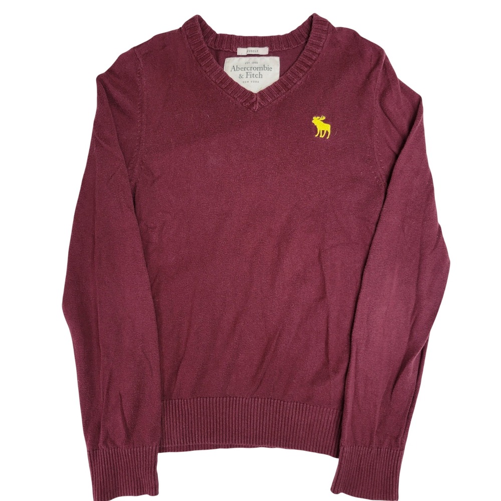 Abercrombie‎ & Fitch Mens Muscle Fit V-Neck Sweater Large Burgundy Maroon Logo